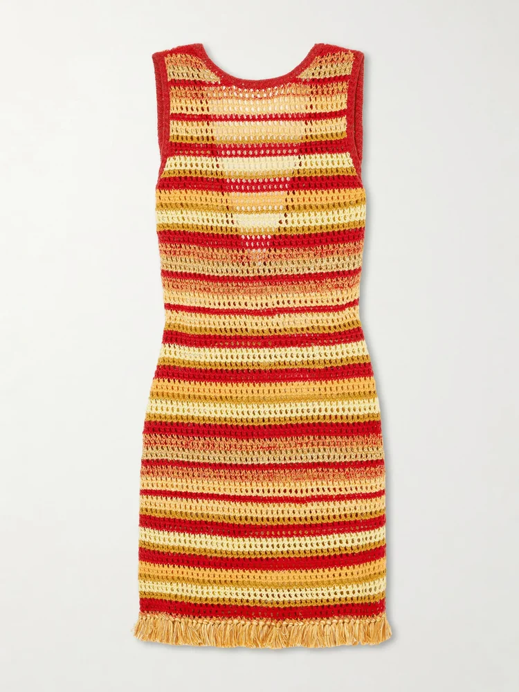 Nevado fringed striped crocheted cotton mini dress