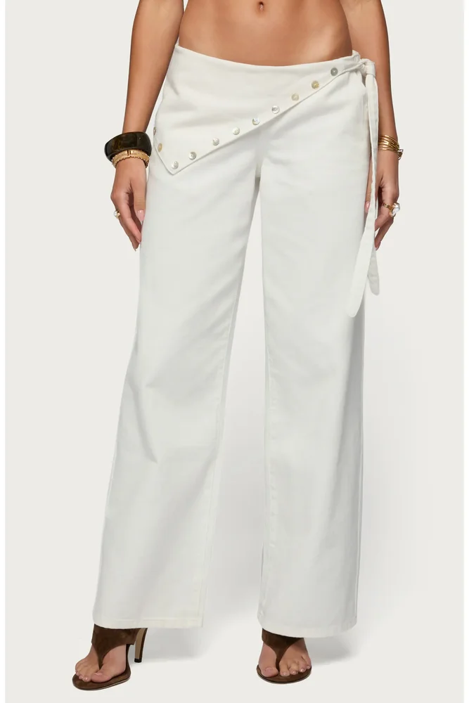 Button Foldover Low Rise Wide Leg Jeans