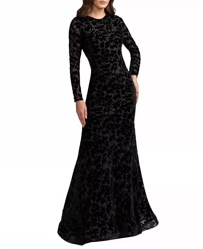 High Neck Long Sleeve Floral Velvet Gown