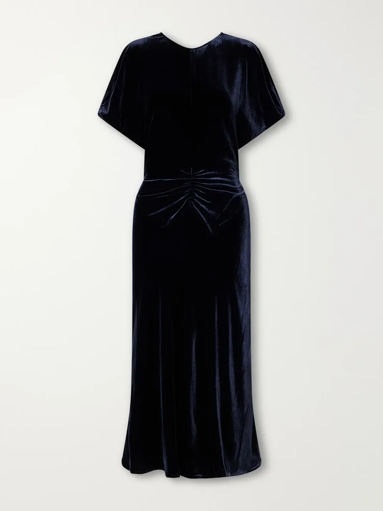 Bela gathered velvet midi dress