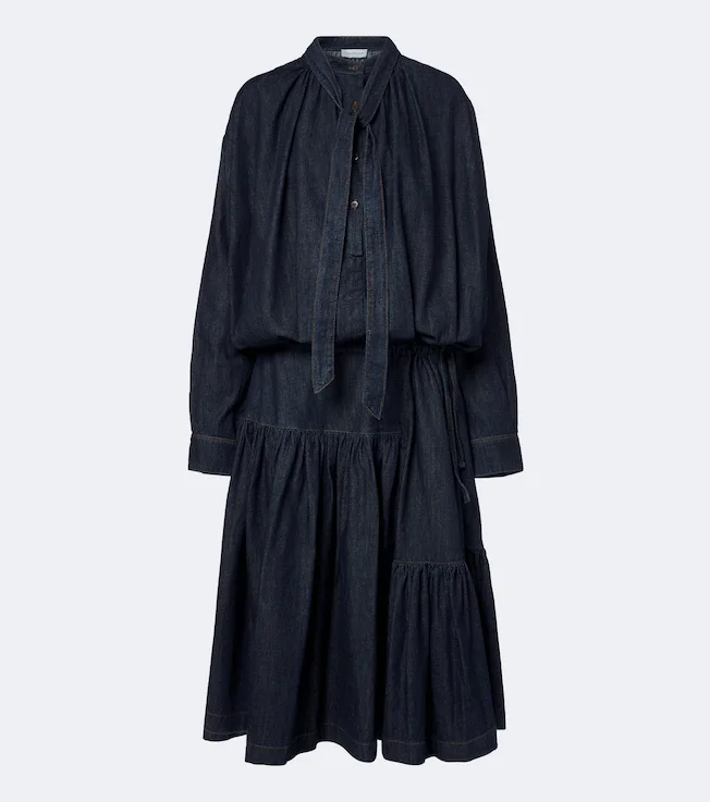 Tie-neck denim midi dress