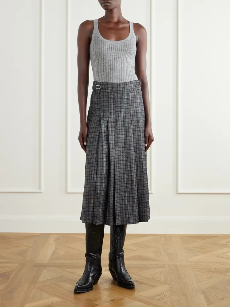 Wesley pleated houndstooth wool and cashmere-blend midi skirt