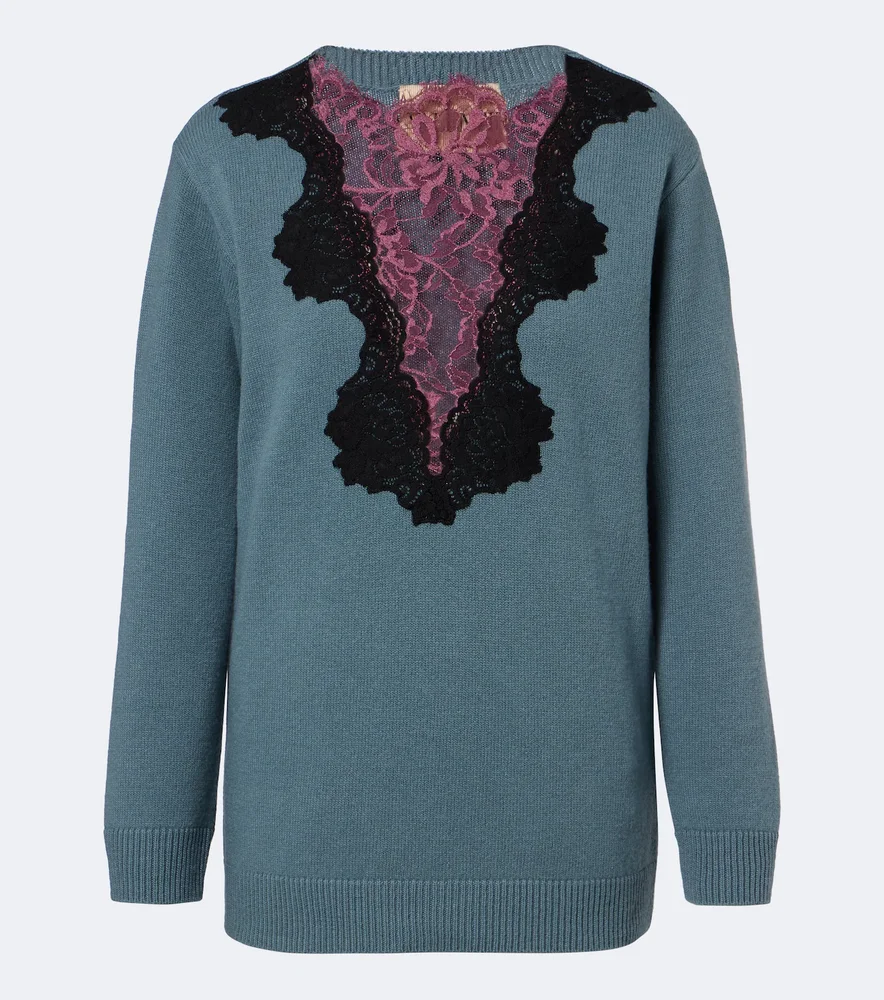 Lace-trimmed virgin wool sweater