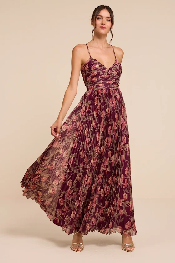lulus.com Rebena Plum Multi Floral Pleated Maxi Dress