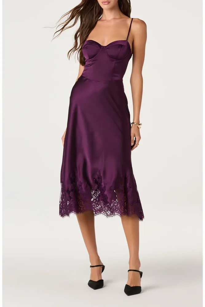 Abrianna Lace Trim Satin Midi Dress