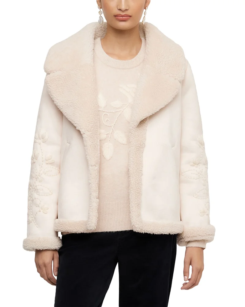 Faux Suede Embroidered Sleeve Shearling Coat