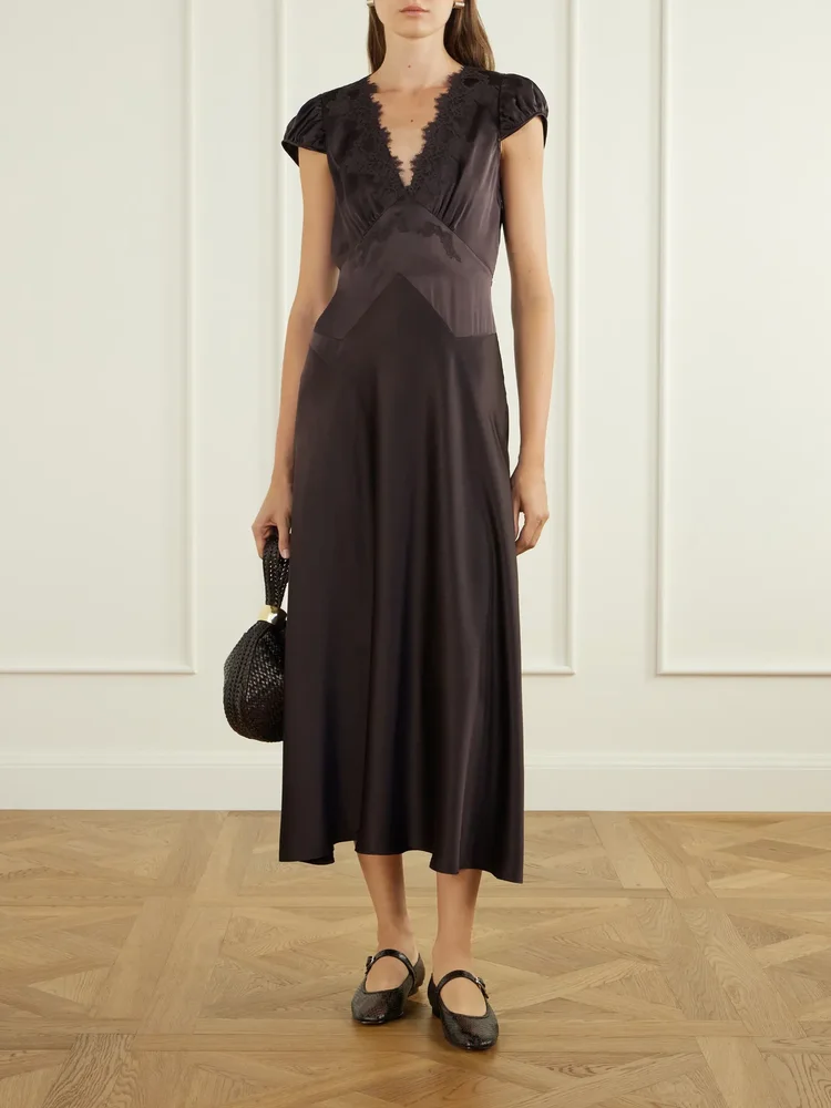 Coraline lace-trimmed silk-satin midi dress