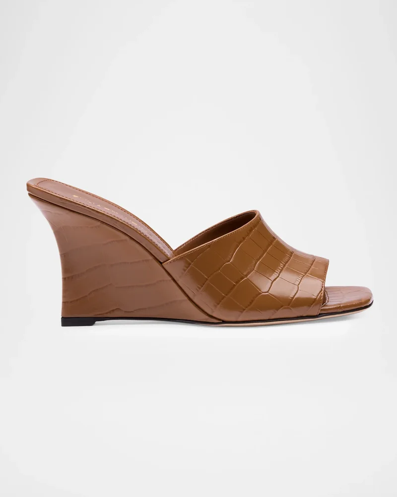 85mm Vinnie Croc-Embossed Leather Wedge Mules