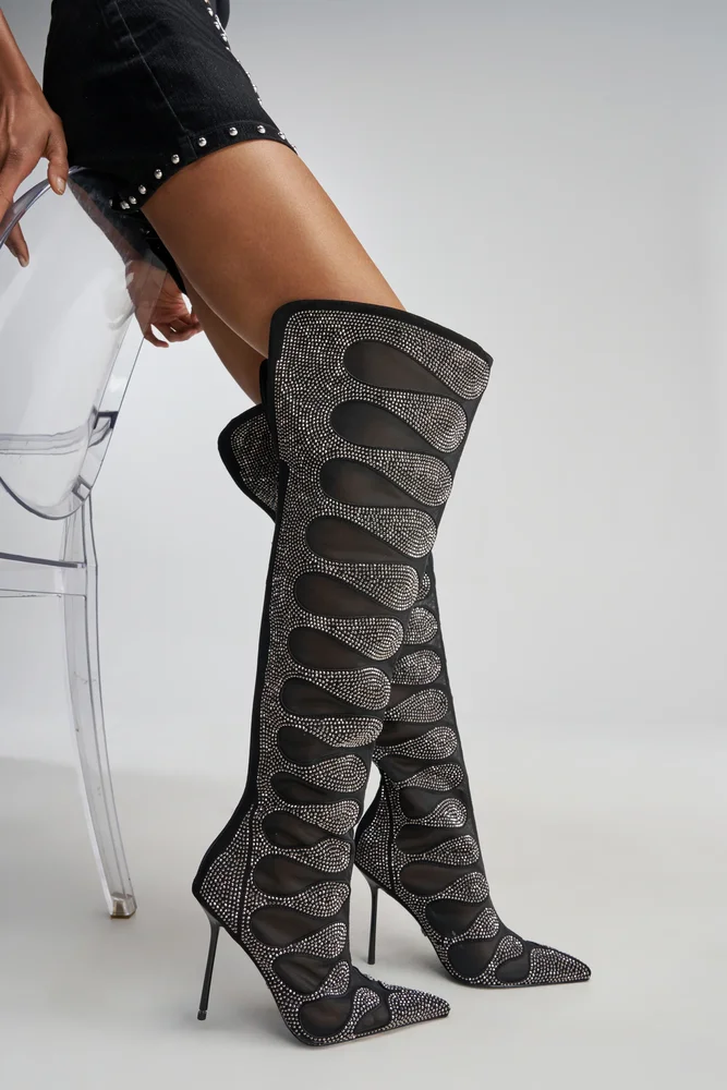 AKIRA GOLD AVENRA BLACK RHINESTONE THIGH HIGH STILETTO BOOT