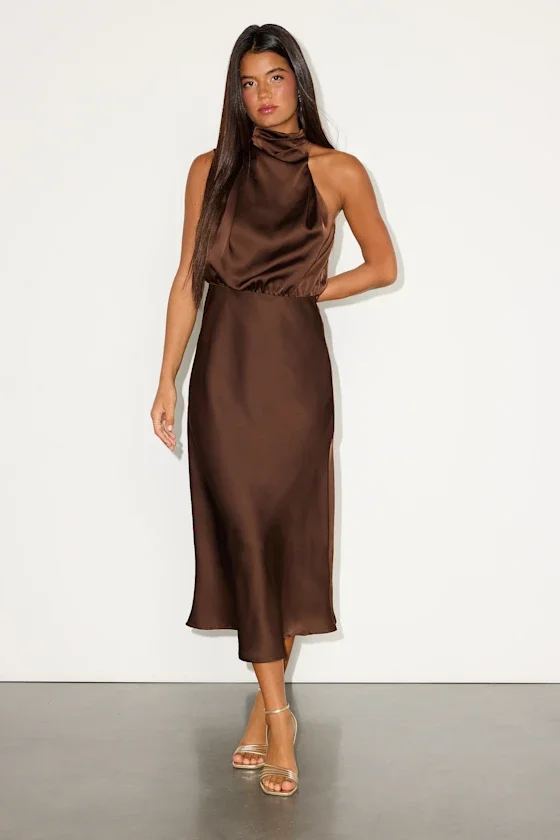 lulus.com Distinctive Brown Satin Asymmetrical Midi Dress