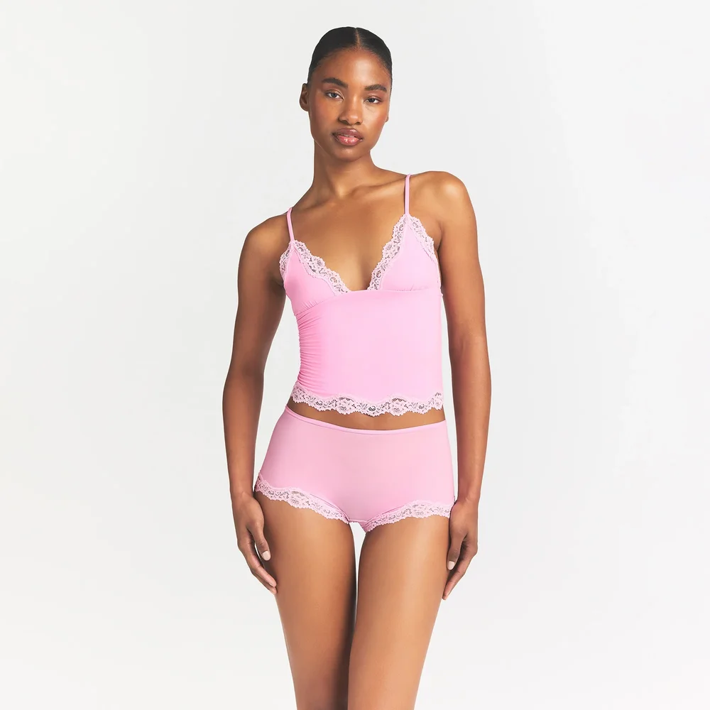 Fits Everybody Lace Triangle Cami And Boy Short Set in Bubble Gum Tonal