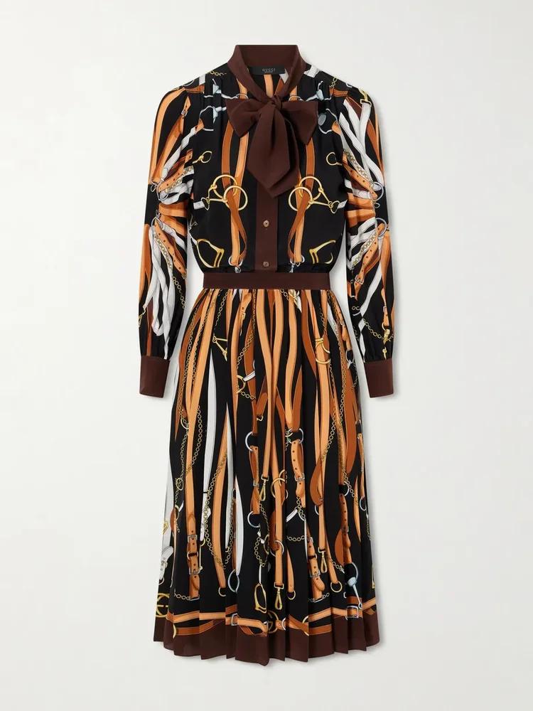 Tie-detailed pleated printed silk midi dress
