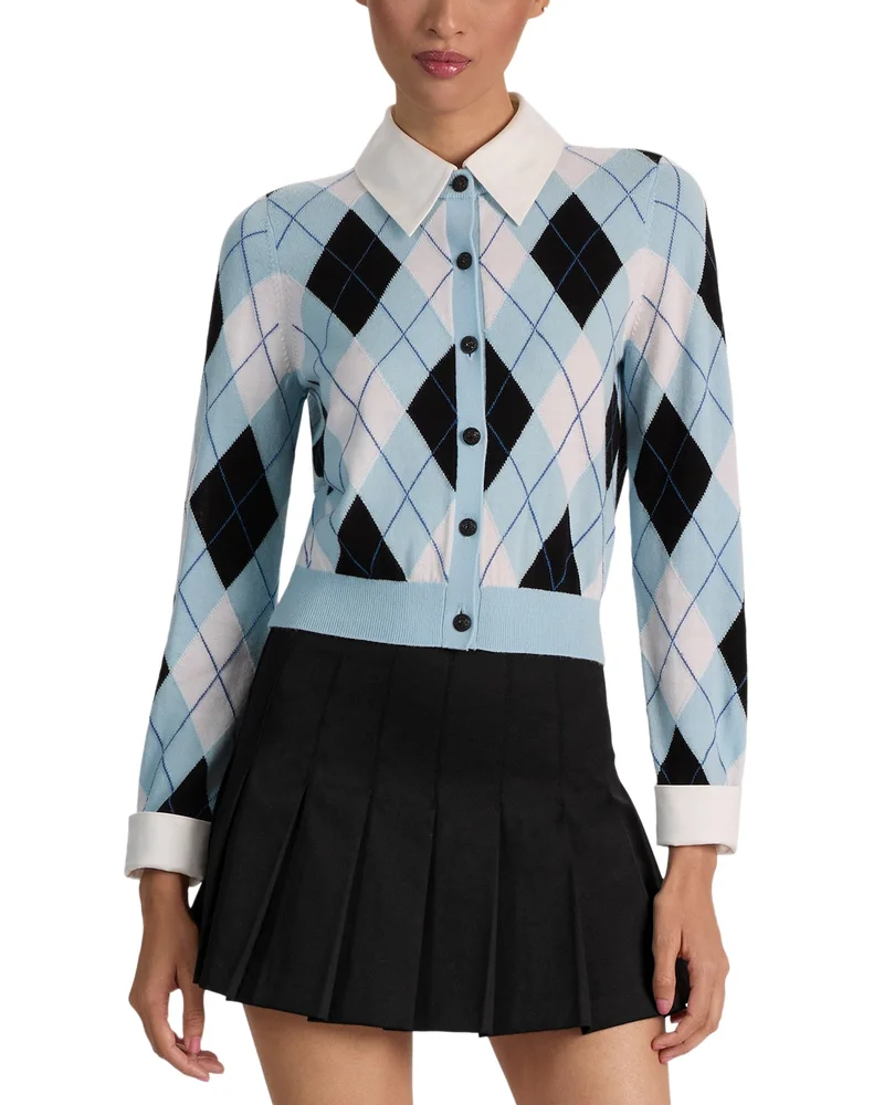 Dollie Argyle Woven Collar Wool Blend Cardigan Sweater