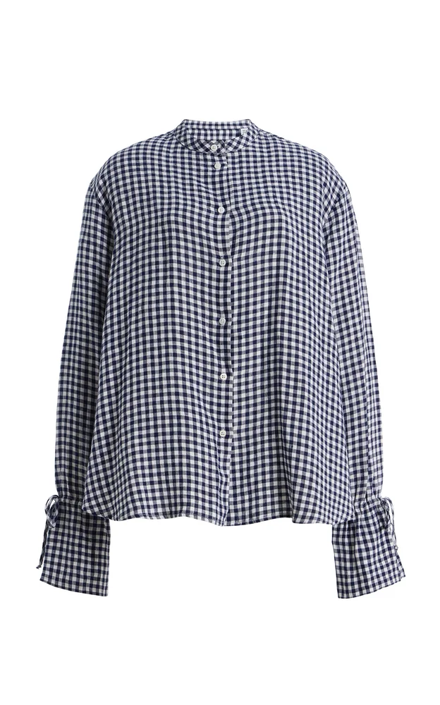 Exclusive Tie-Cuff Gingham Linen Shirt