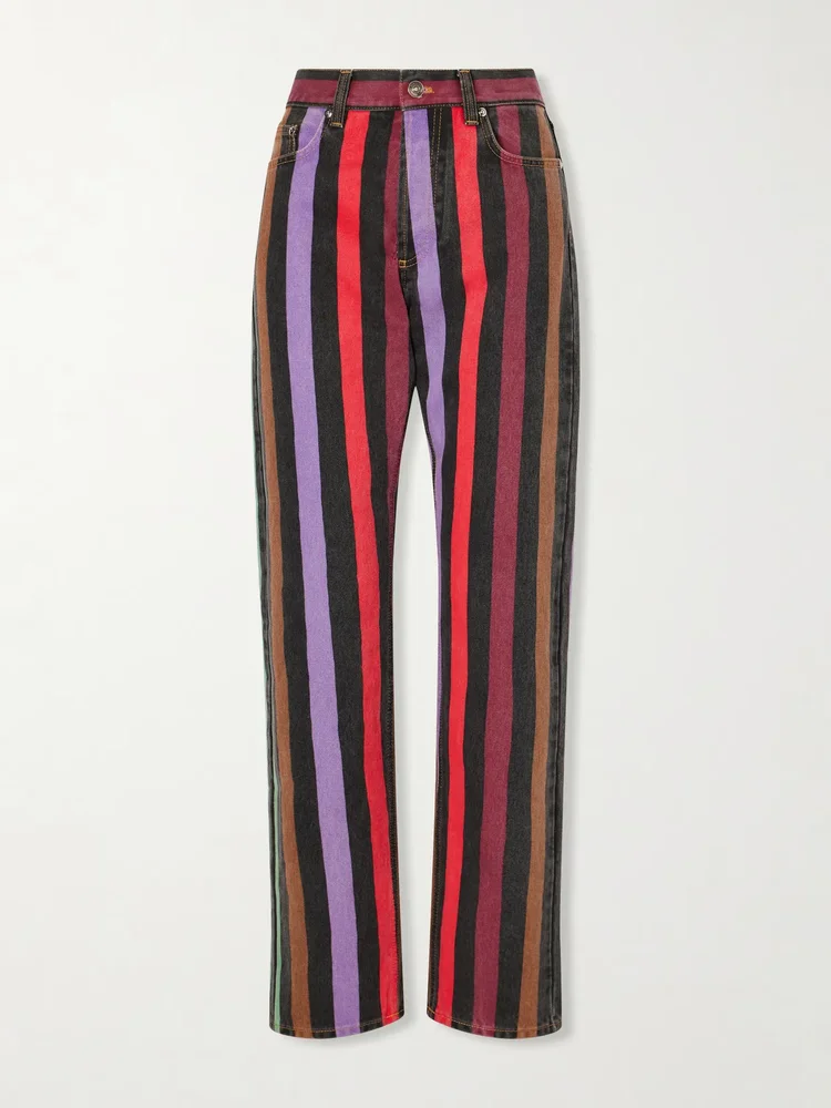 striped mid rise straight leg cotton jeans