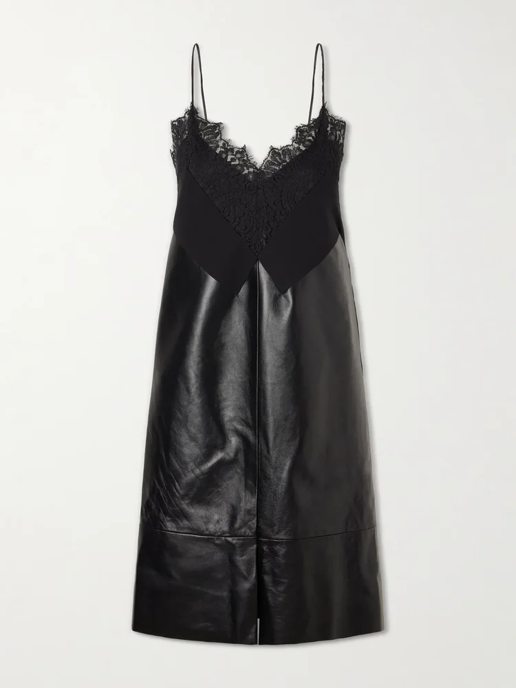 Tulipa gathered lace-trimmed jersey and leather midi dress