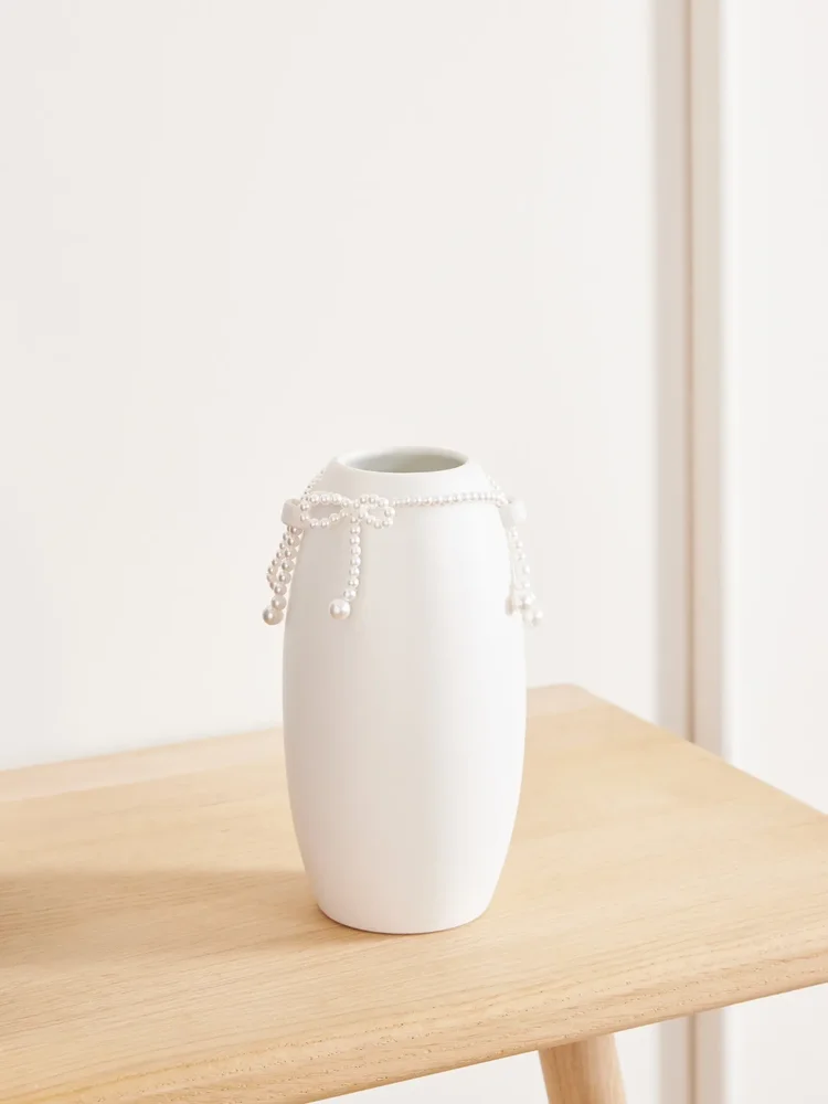 Pearl-effect bead-embellished ceramic vase