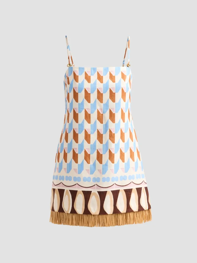 Valencia geometric raffia fringe mini dress