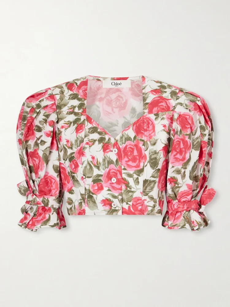 cropped floral print cotton poplin top