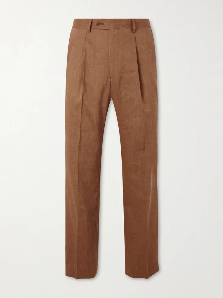 Affonso Pleated Straight-Leg Linen and Virgin Wool-Blend Suit Trousers