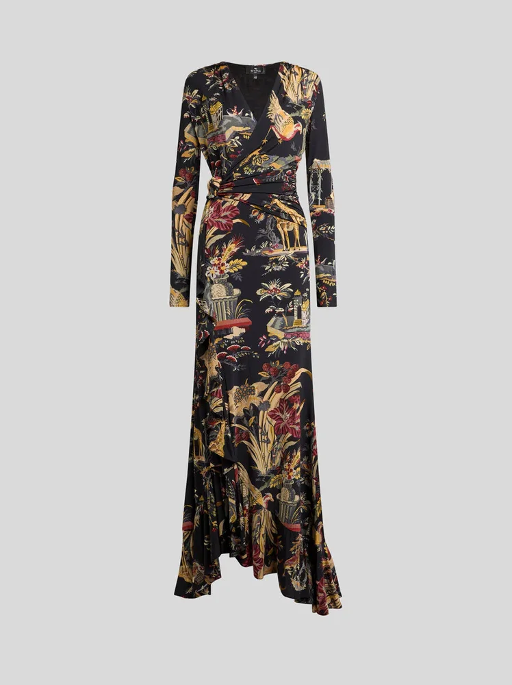 Long Jersey Wrap Dress with Flower and Animal Motif