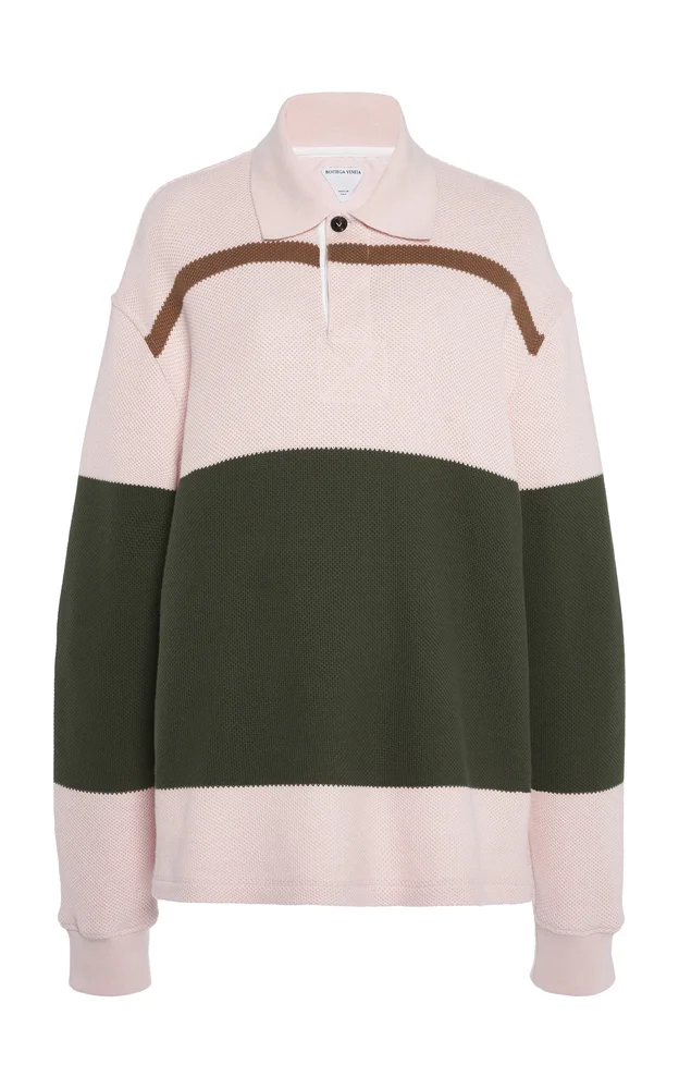 Pique-Striped Cotton Polo Sweater