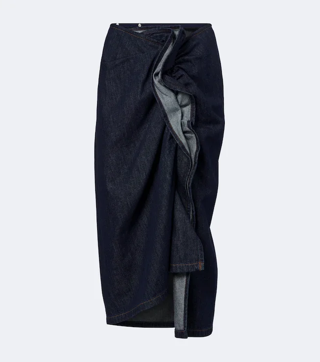 Draped asymmetric denim midi skirt