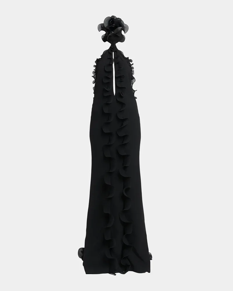 Silk Crepe Ruffled Halter Evening Dress