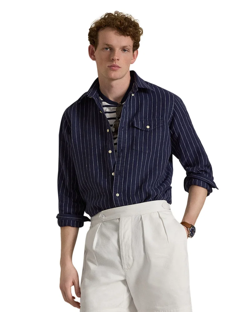 Classic Fit Stripe Linen Pocket Shirt