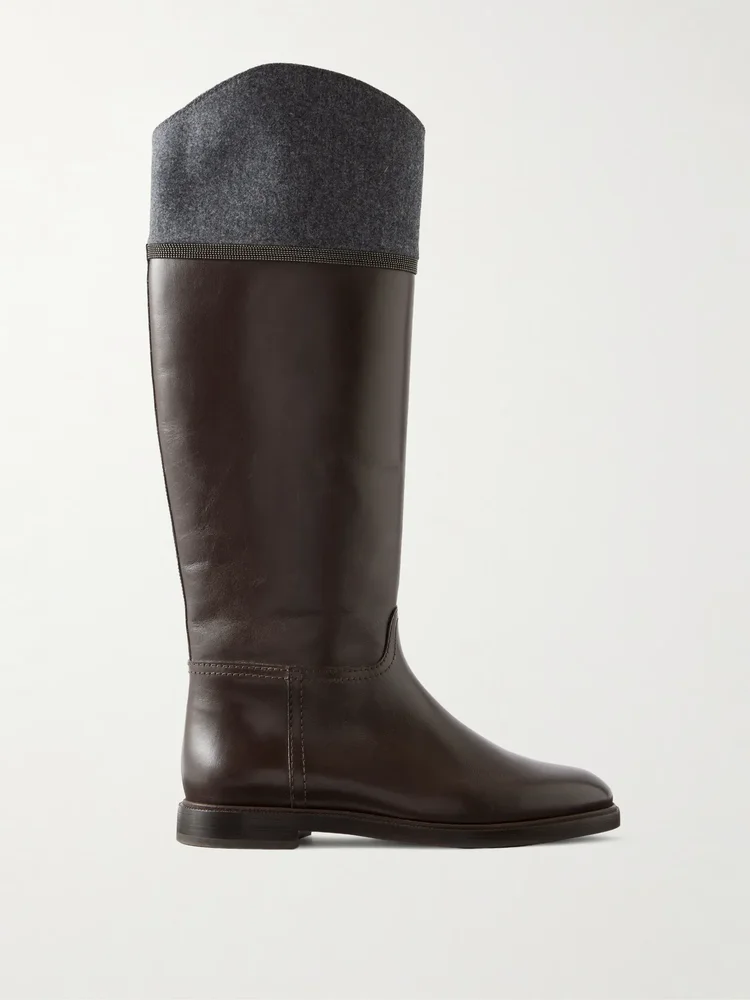 Bead-embellished wool-trimmed leather mid calf boots