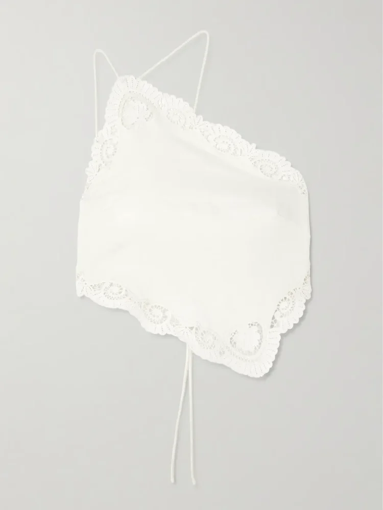 darya one shoulder lace trimmed linen and cotton blend top