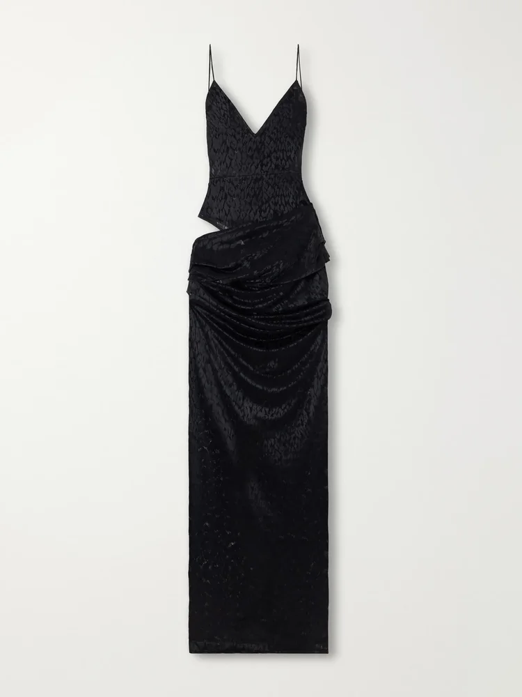 Bikini asymmetric draped cut-out leopard-print lace maxi dress
