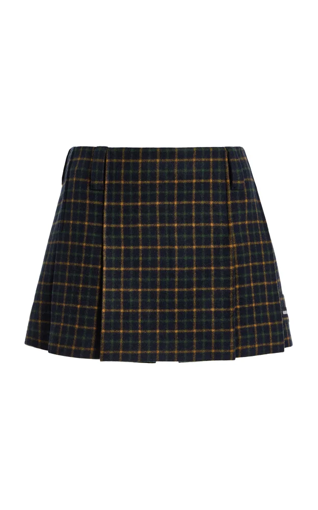 Pleated Checked Wool Mini Skirt