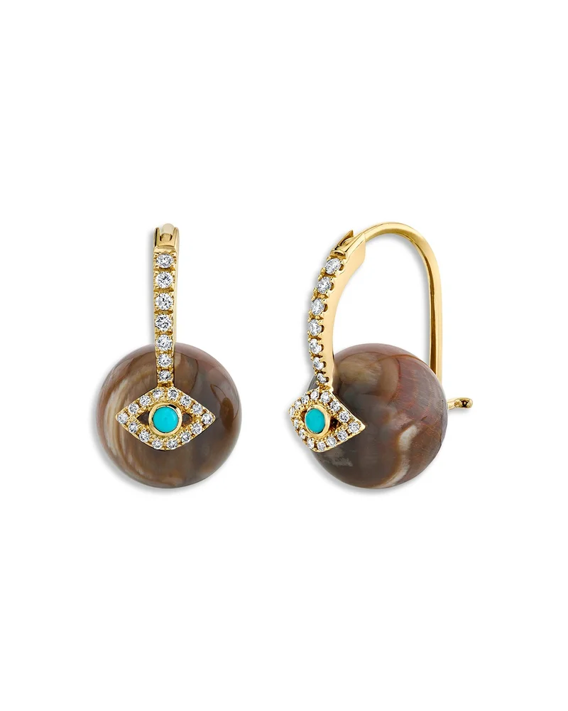 14K Yellow Gold Turquoise, Diamond & Petrified Wood Evil Eye Bead Earrings