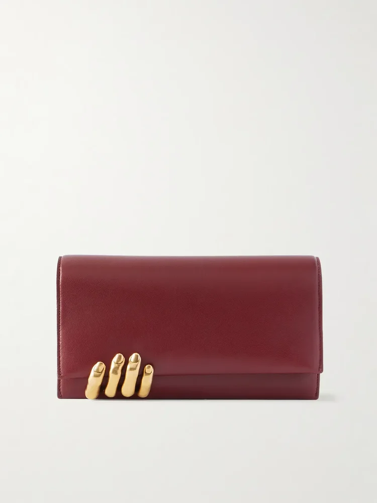 Embellished textured-leather clutch