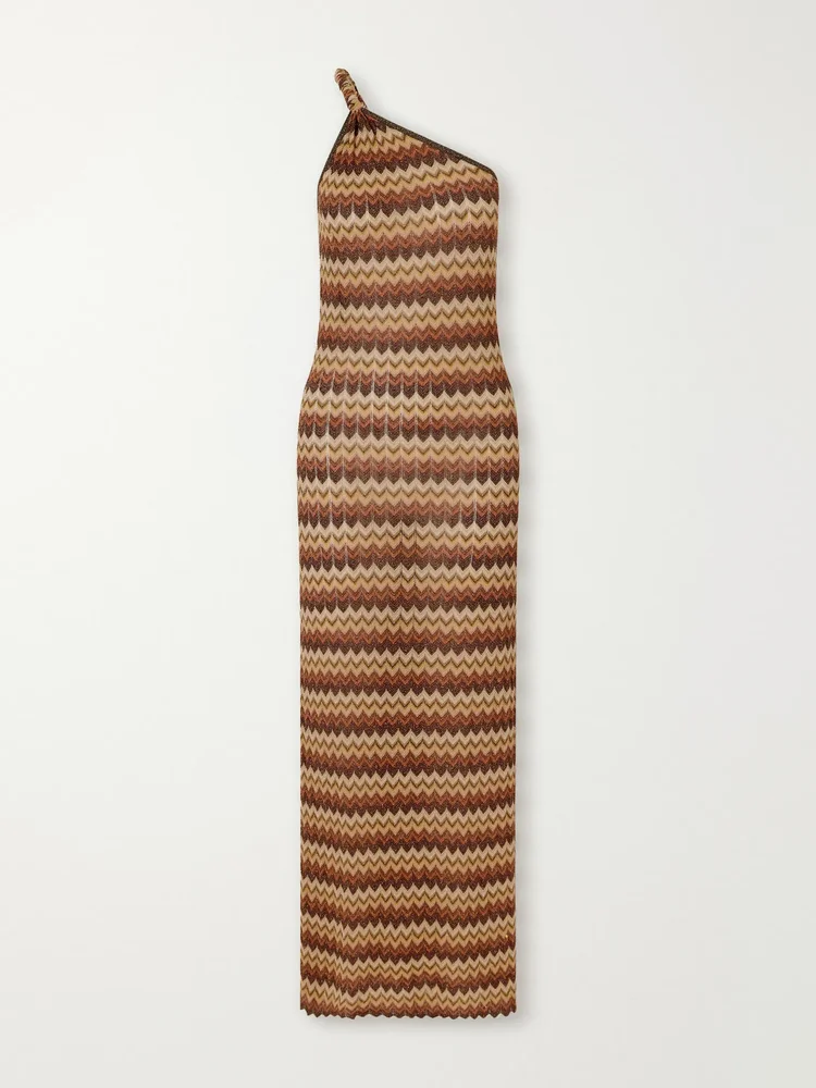 Naia one-shoulder striped metallic crochet-knit maxi dress