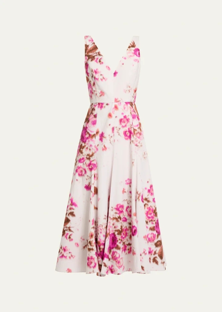 Floral Print Cotton Sleeveless V-Neck Midi Dress