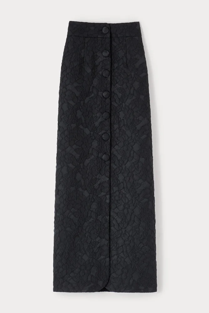 Black embossed button-front midi skirt