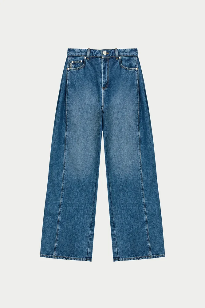 ADJUSTABLE PLEAT DETAIL WIDE LEG JEANS - VINTAGE BLUE WASH