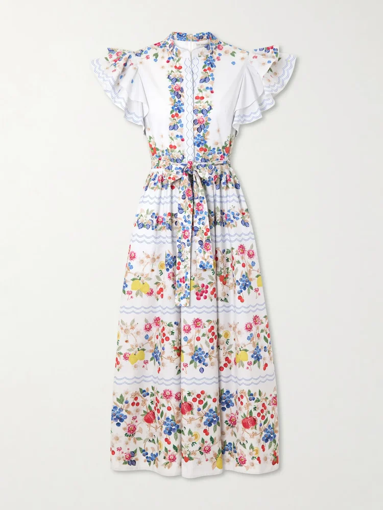 Belted floral-print cotton-blend midi dress