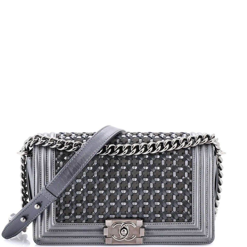 Pre-Owned Chanel Boy Flap Bag Woven Leather Old Medium