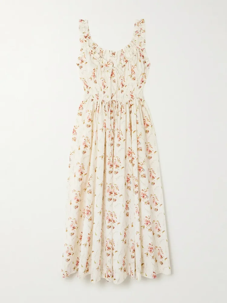 Emmaretta tie-detailed shirred floral-print organic cotton midi dress
