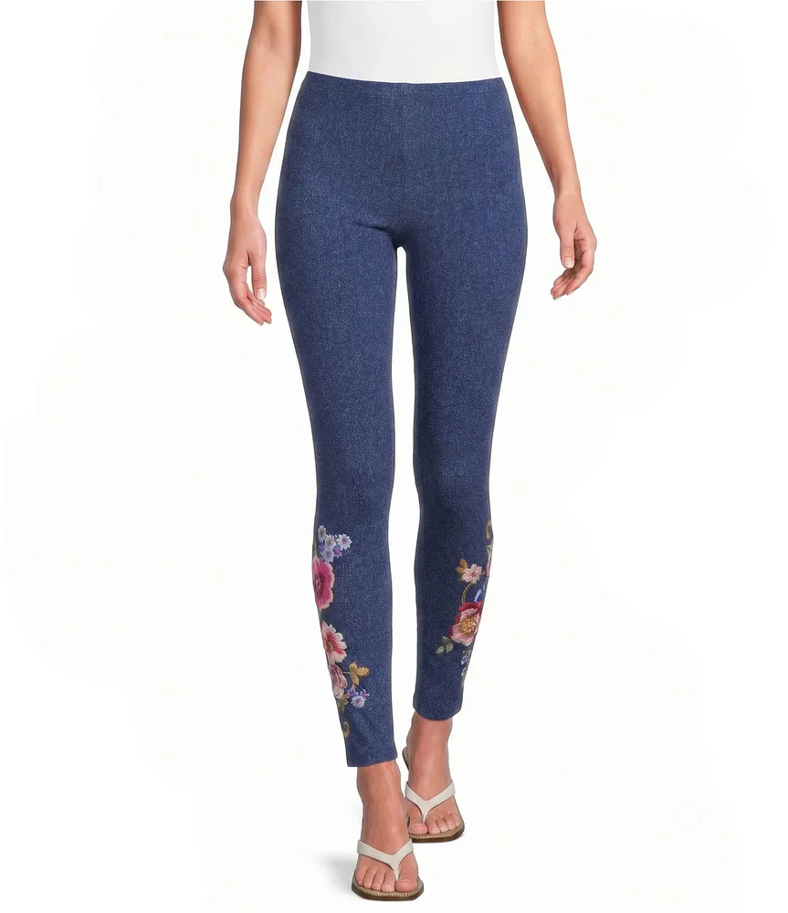 Embroidered Floral Hem Pull-On Knit Leggings