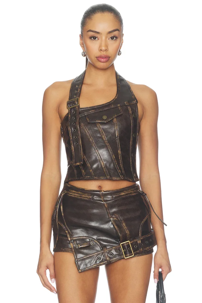 Off-shoulder Leather Crop Top