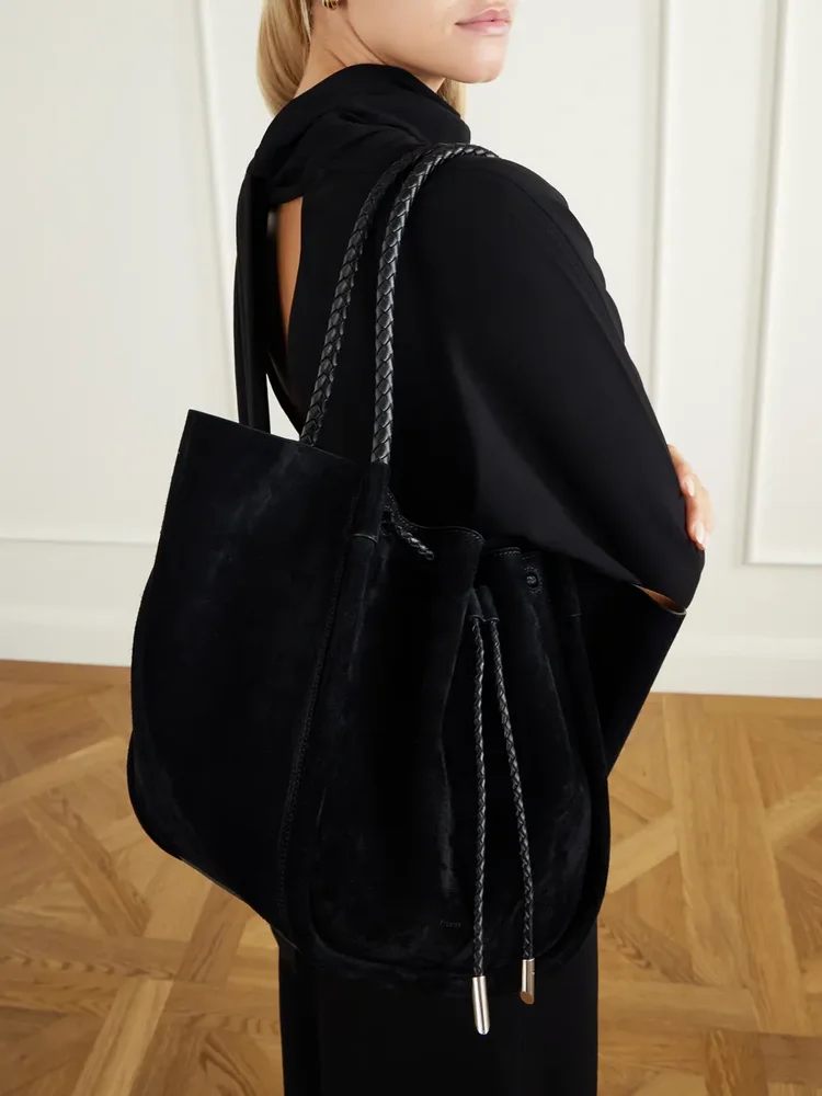 Large ruched leather-trimmed suede tote