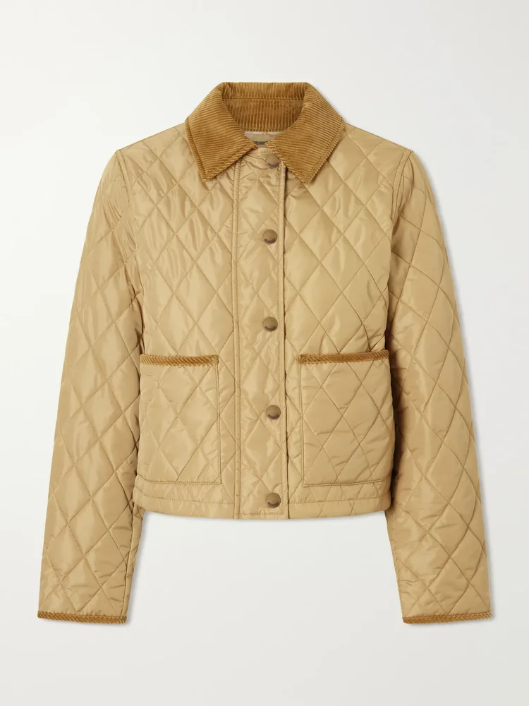 Cropped corduroy-trimmed quilted shell jacket