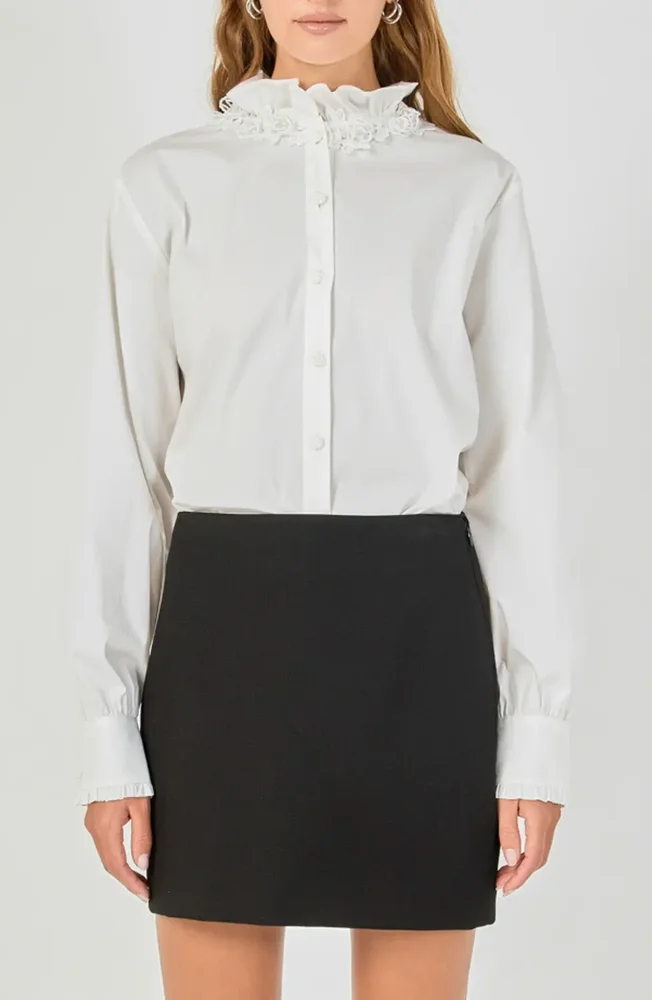 Pearl Embellished Ruffle Collar Shirt