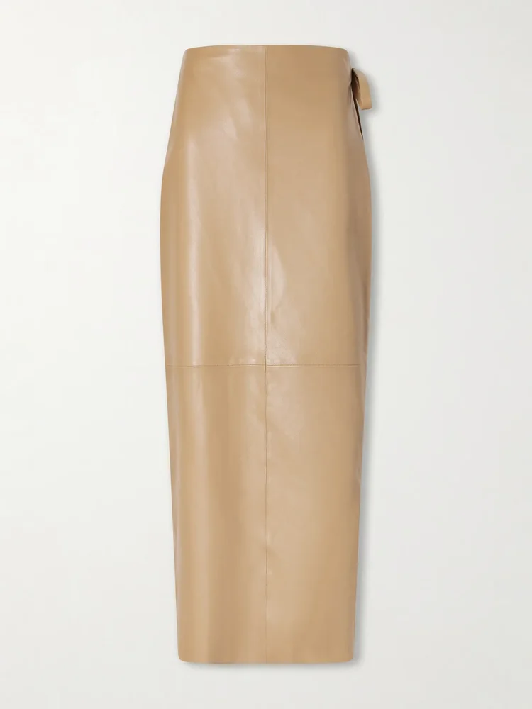 Paneled leather maxi wrap skirt