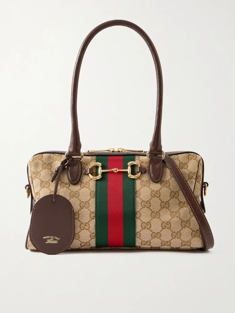 Gucci Borsetto medium leather and webbing-trimmed canvas-jacquard shoulder bag