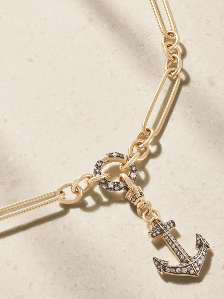 Anchor 14-karat gold rhodium-plated diamond necklace